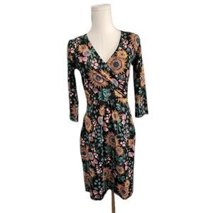 Mata Traders Organic Cotton Callie 3/4 Sleeve Wrap Knit Dress Black XS NWOT